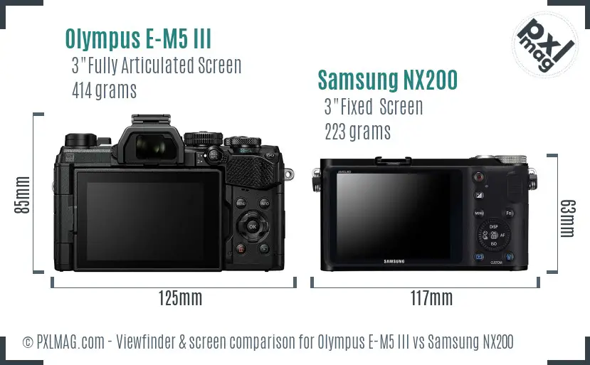 Olympus E-M5 III vs Samsung NX200 Screen and Viewfinder comparison