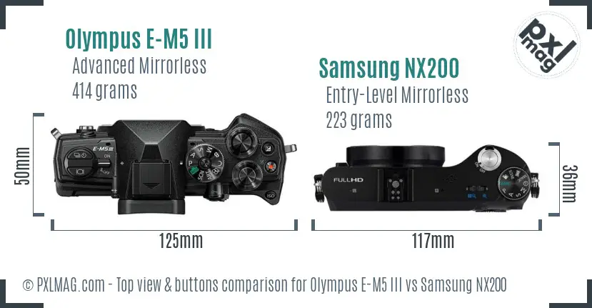 Olympus E-M5 III vs Samsung NX200 top view buttons comparison