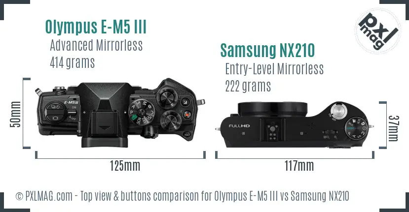 Olympus E-M5 III vs Samsung NX210 top view buttons comparison