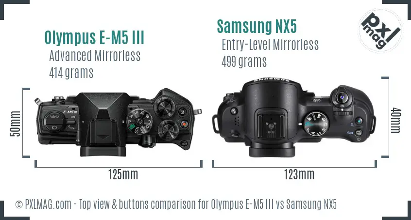 Olympus E-M5 III vs Samsung NX5 top view buttons comparison