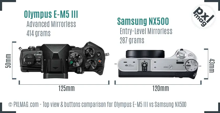Olympus E-M5 III vs Samsung NX500 top view buttons comparison