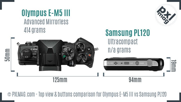 Olympus E-M5 III vs Samsung PL120 top view buttons comparison