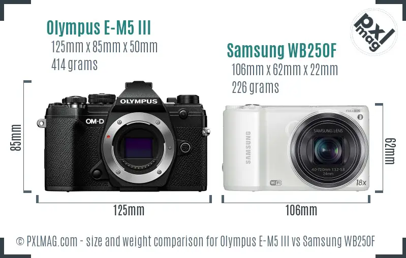 Olympus E-M5 III vs Samsung WB250F size comparison
