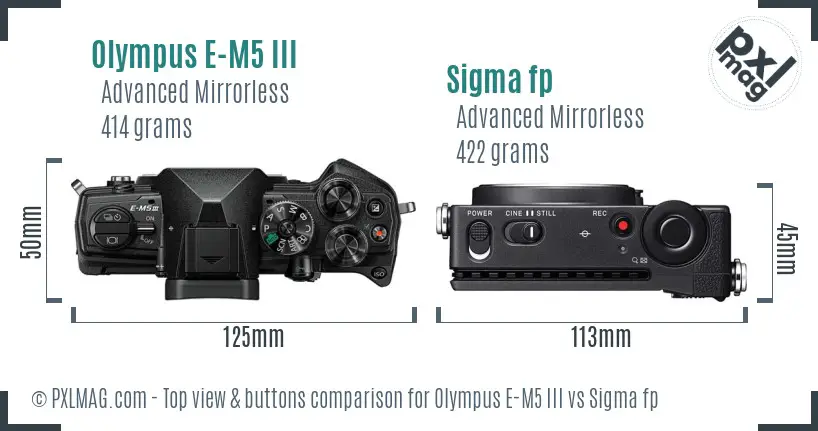 Olympus E-M5 III vs Sigma fp top view buttons comparison Olympus E-M5 III vs Sigma fp top view buttons comparison