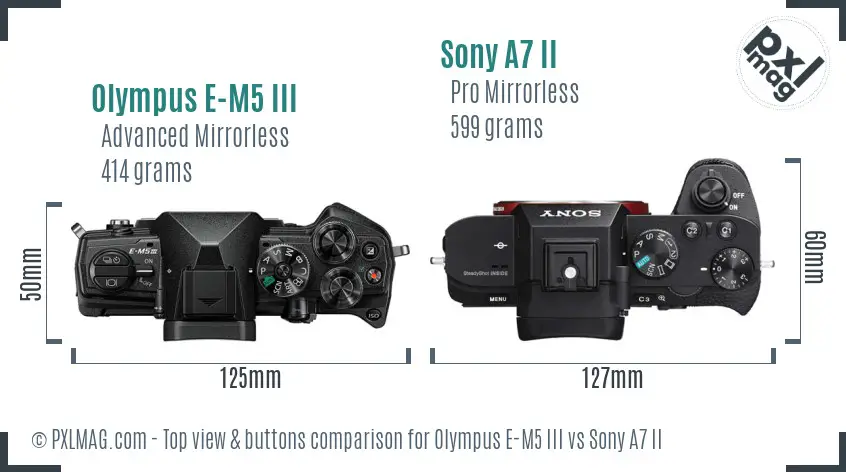 Olympus E-M5 III vs Sony A7 II top view buttons comparison