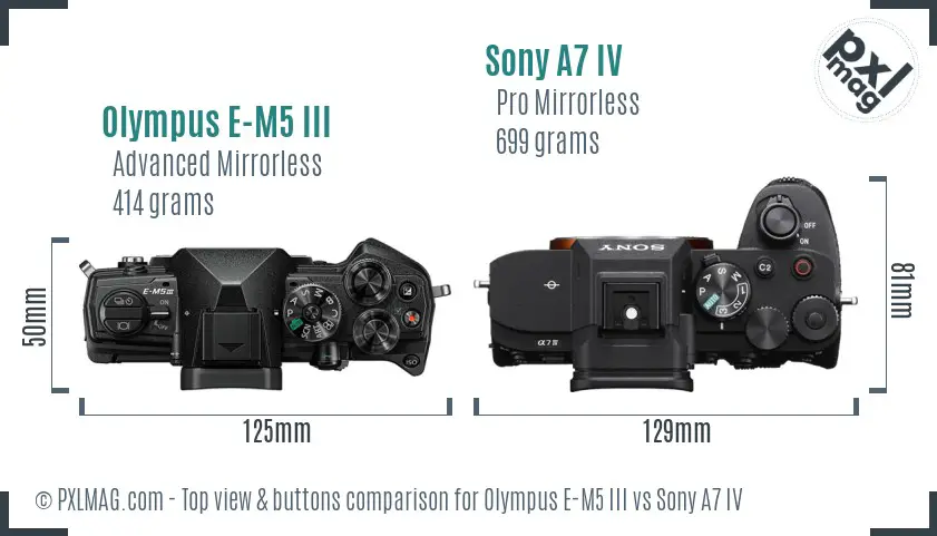 Olympus E-M5 III vs Sony A7 IV top view buttons comparison