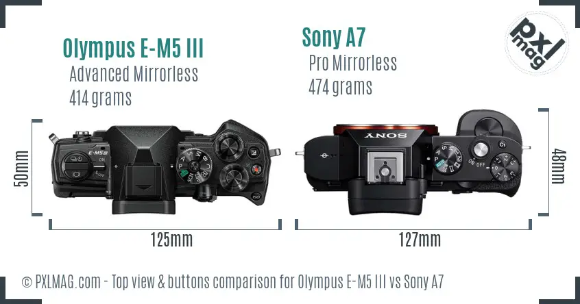 Olympus E-M5 III vs Sony A7 top view buttons comparison