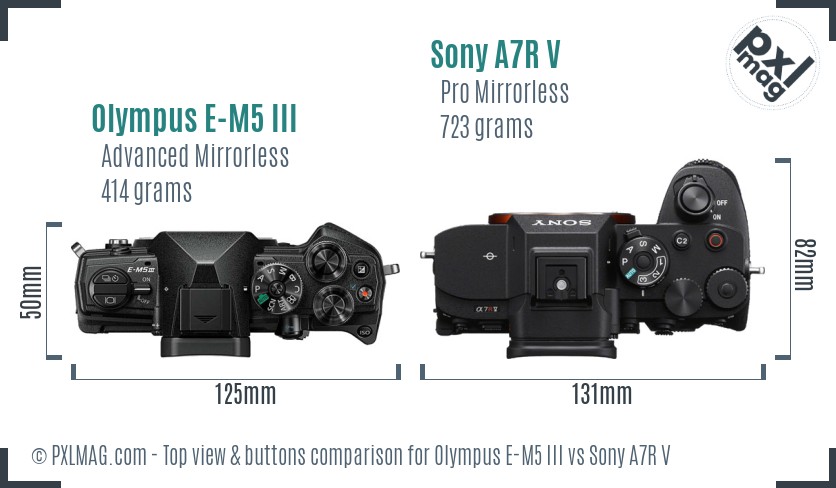Olympus E-M5 III vs Sony A7R V top view buttons comparison