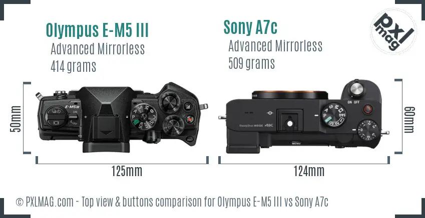 Olympus E-M5 III vs Sony A7c top view buttons comparison