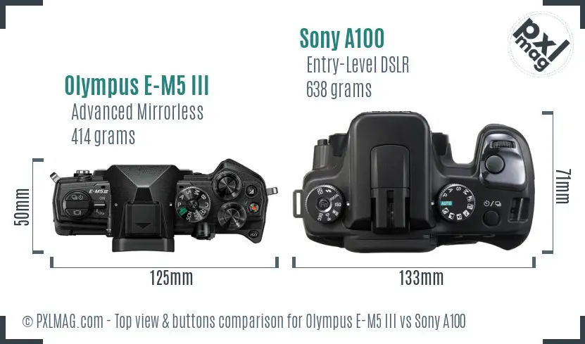 Olympus E-M5 III vs Sony A100 top view buttons comparison