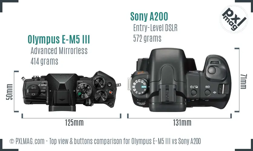 Olympus E-M5 III vs Sony A200 top view buttons comparison