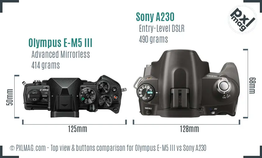 Olympus E-M5 III vs Sony A230 top view buttons comparison