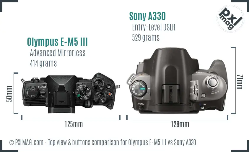 Olympus E-M5 III vs Sony A330 top view buttons comparison