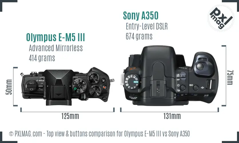 Olympus E-M5 III vs Sony A350 top view buttons comparison