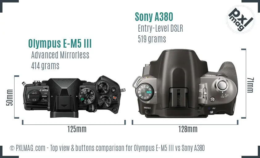 Olympus E-M5 III vs Sony A380 top view buttons comparison