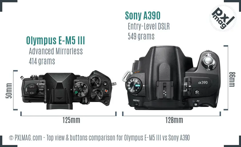 Olympus E-M5 III vs Sony A390 top view buttons comparison