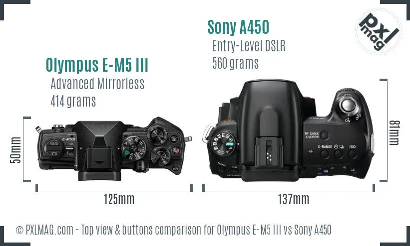 Olympus E-M5 III vs Sony A450 top view buttons comparison