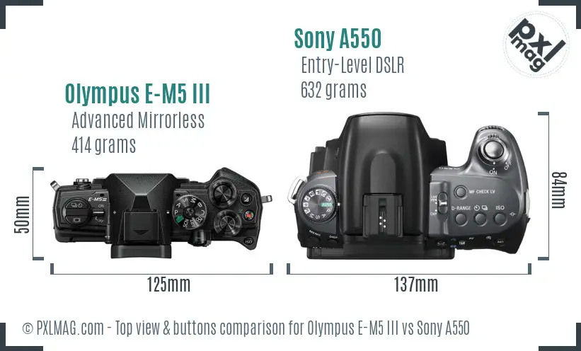 Olympus E-M5 III vs Sony A550 top view buttons comparison