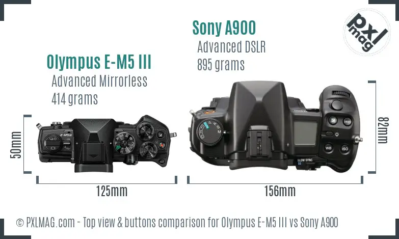 Olympus E-M5 III vs Sony A900 top view buttons comparison