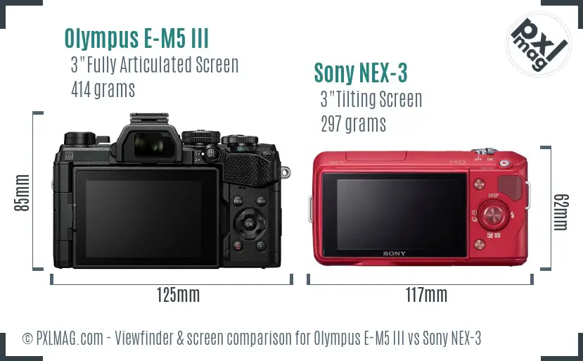 Olympus E-M5 III vs Sony NEX-3 Screen and Viewfinder comparison