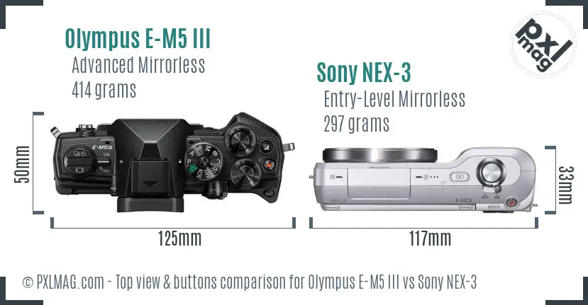 Olympus E-M5 III vs Sony NEX-3 top view buttons comparison