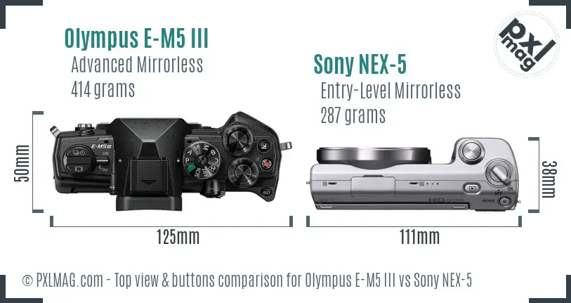 Olympus E-M5 III vs Sony NEX-5 top view buttons comparison