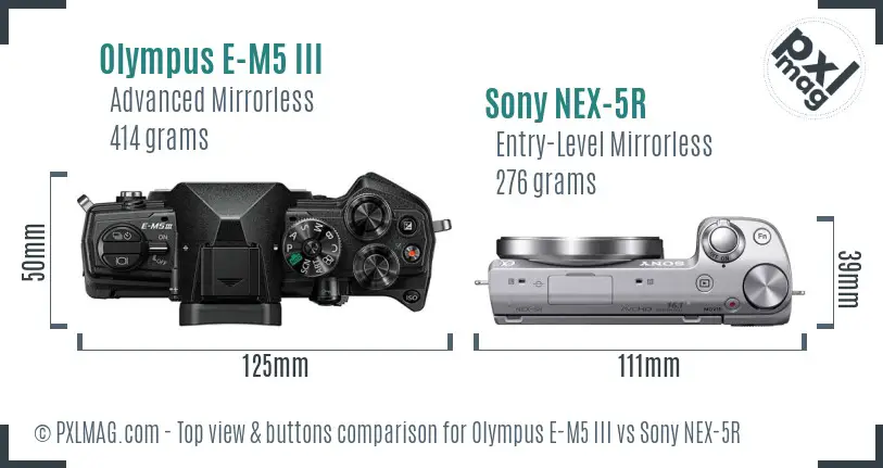 Olympus E-M5 III vs Sony NEX-5R top view buttons comparison