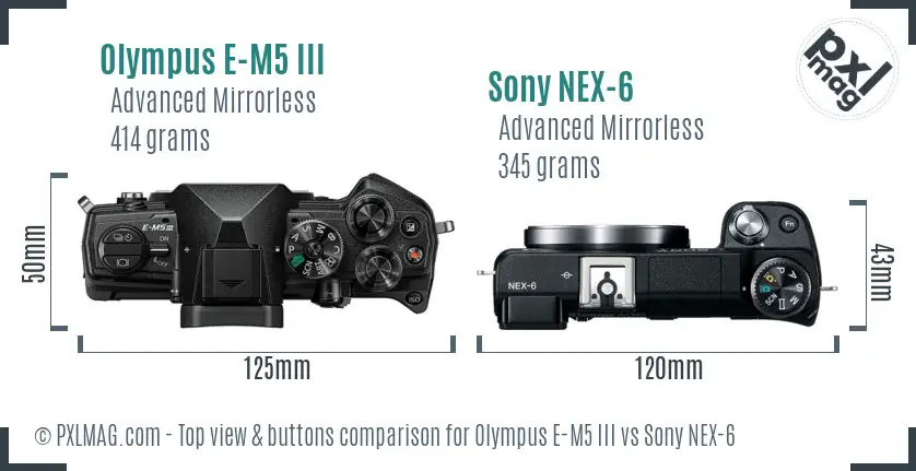 Olympus E-M5 III vs Sony NEX-6 top view buttons comparison