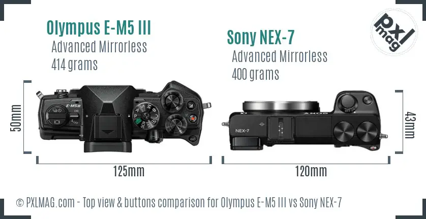 Olympus E-M5 III vs Sony NEX-7 top view buttons comparison