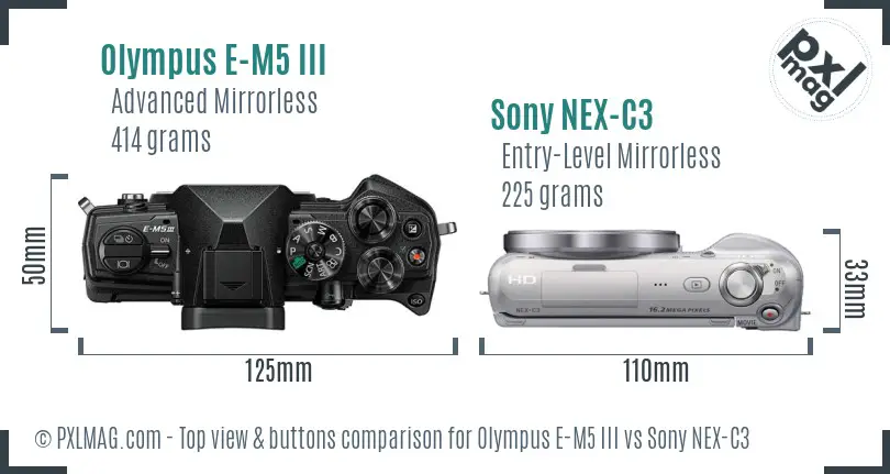 Olympus E-M5 III vs Sony NEX-C3 top view buttons comparison