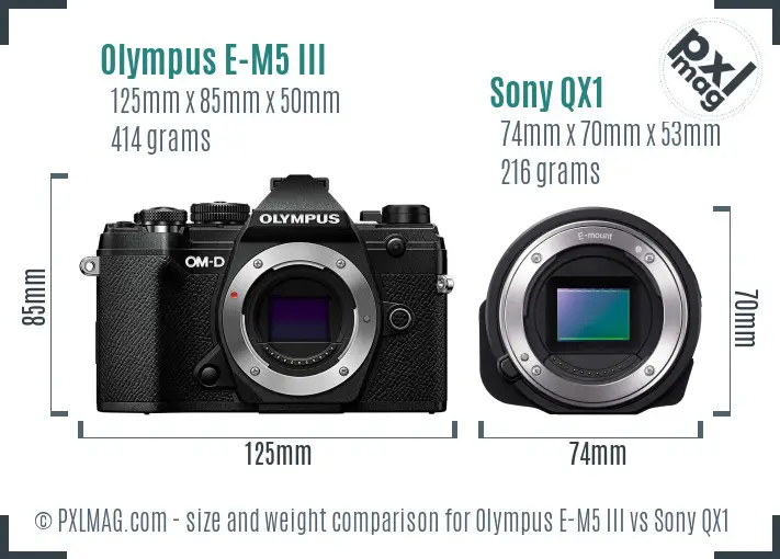 Olympus E-M5 III vs Sony QX1 size comparison