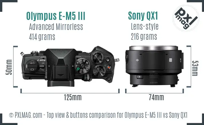 Olympus E-M5 III vs Sony QX1 top view buttons comparison