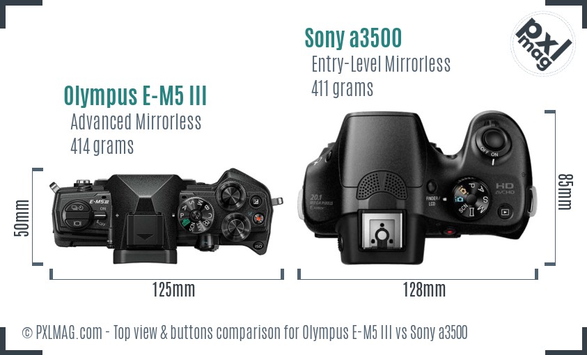 Olympus E-M5 III vs Sony a3500 top view buttons comparison