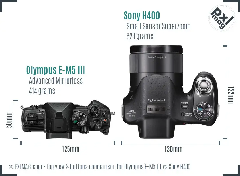 Olympus E-M5 III vs Sony H400 top view buttons comparison