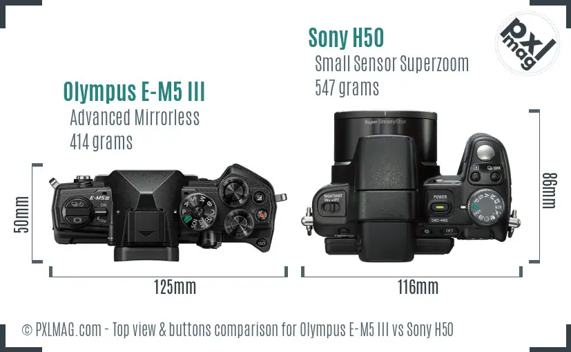 Olympus E-M5 III vs Sony H50 top view buttons comparison