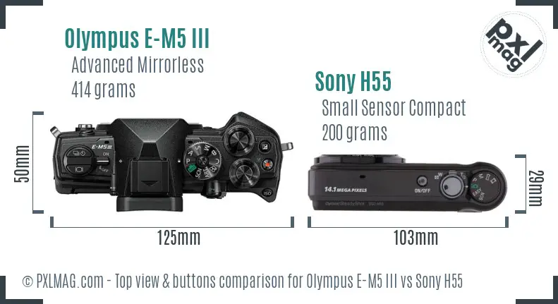 Olympus E-M5 III vs Sony H55 top view buttons comparison