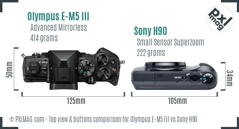 Olympus E-M5 III vs Sony H90 top view buttons comparison