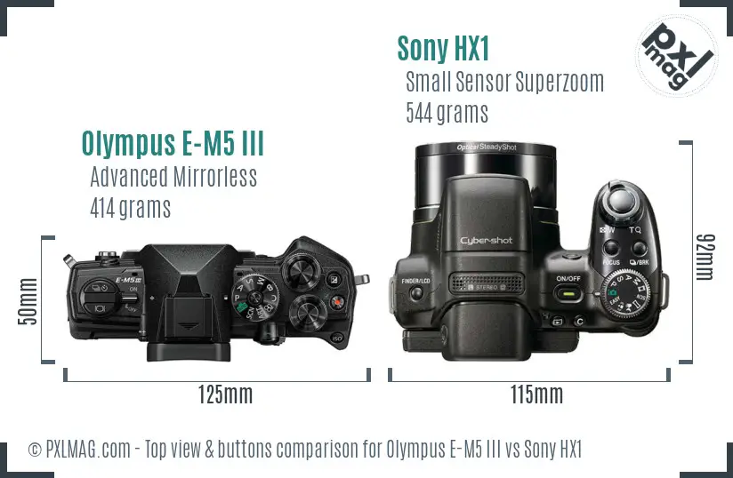 Olympus E-M5 III vs Sony HX1 top view buttons comparison