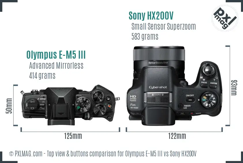 Olympus E-M5 III vs Sony HX200V top view buttons comparison
