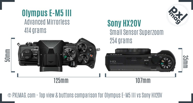 Olympus E-M5 III vs Sony HX20V top view buttons comparison