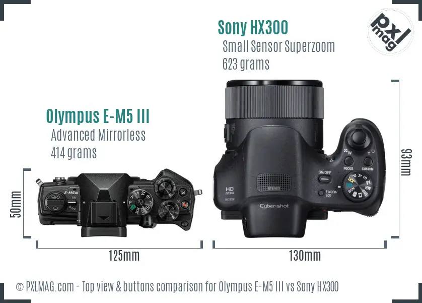 Olympus E-M5 III vs Sony HX300 top view buttons comparison