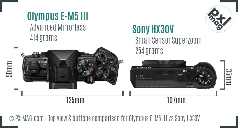 Olympus E-M5 III vs Sony HX30V top view buttons comparison