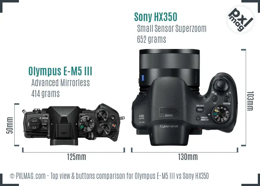 Olympus E-M5 III vs Sony HX350 top view buttons comparison