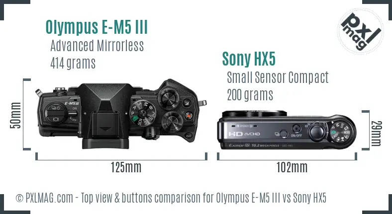 Olympus E-M5 III vs Sony HX5 top view buttons comparison