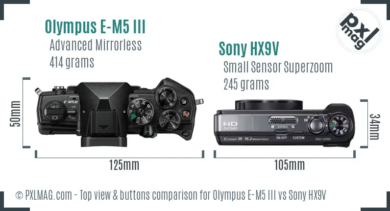 Olympus E-M5 III vs Sony HX9V top view buttons comparison