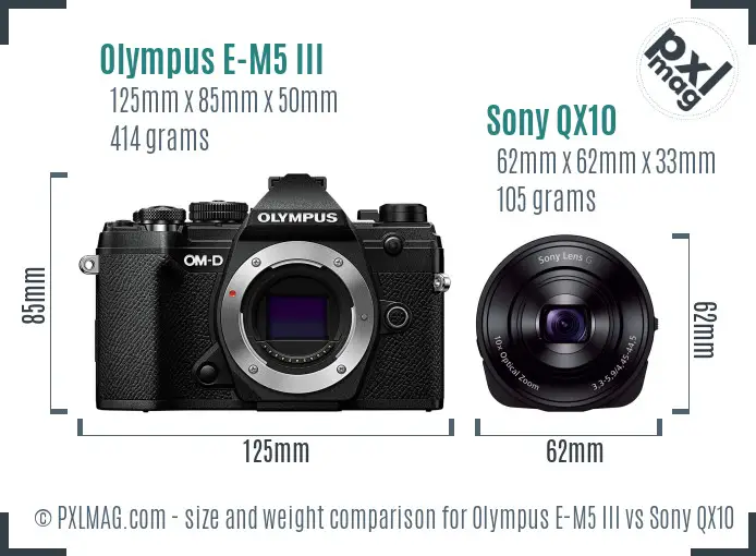 Olympus E-M5 III vs Sony QX10 size comparison