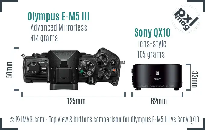 Olympus E-M5 III vs Sony QX10 top view buttons comparison