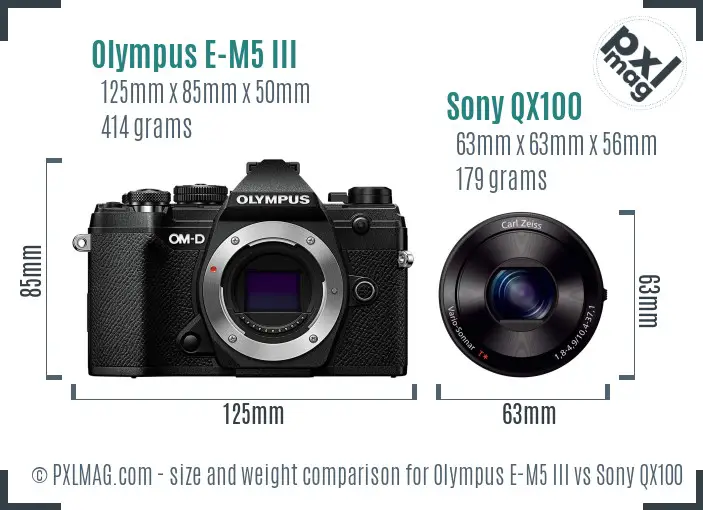 Olympus E-M5 III vs Sony QX100 size comparison