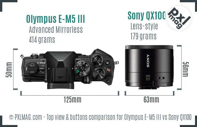 Olympus E-M5 III vs Sony QX100 top view buttons comparison