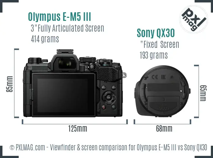Olympus E-M5 III vs Sony QX30 Screen and Viewfinder comparison